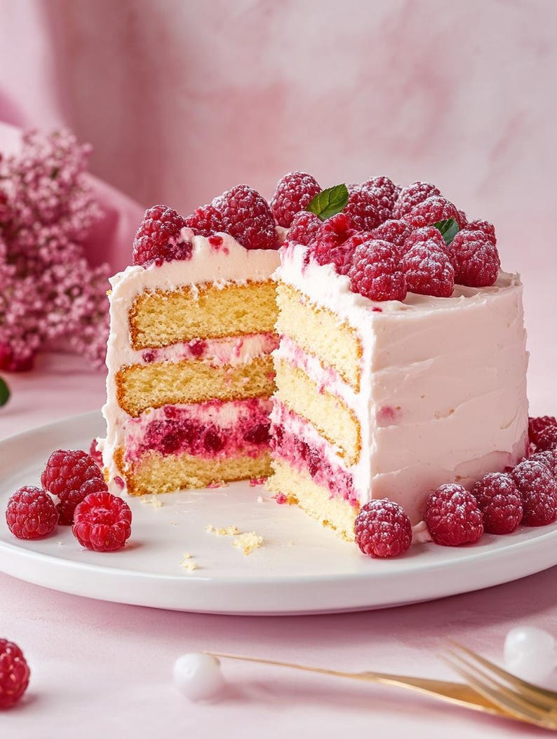 May include: A three-tier cake with pink icing and raspberries. The cake is cut in half, revealing a layer of raspberry filling.