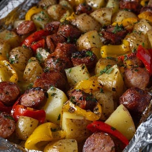 May include: A tray of roasted potatoes, sausage, and bell peppers. The potatoes are golden brown, the sausage is sliced and browned, and the bell peppers are red and yellow. The dish is garnished with fresh herbs and served on a foil-lined baking sheet.