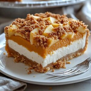 Könnte beinhalten: Ein Stück Kürbis-Käsekuchen, belegt mit einer Schicht Schlagsahne und Streuseln. Der Käsekuchen liegt auf einem weißen Teller mit einer silbernen Gabel.
