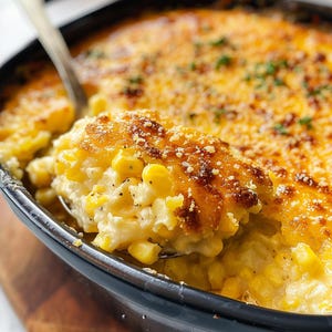 May include: A close-up of a casserole dish filled with a creamy corn casserole topped with melted cheese and a sprinkle of herbs. The casserole is golden brown and bubbly, and a spoonful has been taken out, revealing the creamy corn inside.