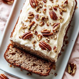 Könnte beinhalten: Ein Laib Pecan-Brot, bedeckt mit einer dicken Schicht weißer Glasur und bestreut mit Pecan-Stücken.