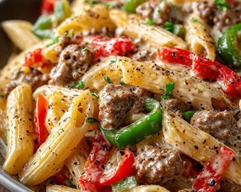 EASY RECIPE For Creamy Sausage Pasta Recipe PDF | One Pan Dinner with Peppers | Printable Comfort Food Recipe Download.