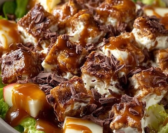 Op de afbeelding: Close-up van een salade in een grijze kom. De salade bevat blokjes appel, sla en romige witte vierkantjes bedekt met karamelsaus en chocoladeschaafsel. Het gerecht is een mix van zoete en hartige smaken.