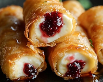 Peut inclure: Gros plan sur quatre rouleaux de printemps frits dorés, garnis de fromage à la crème et de confiture de framboises rouges. Les rouleaux de printemps sont disposés sur une assiette noire à la finition brillante.