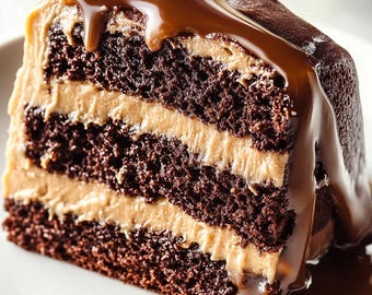 Puede incluir: Una rebanada de pastel de chocolate con glaseado de caramelo y una cobertura de ganache de chocolate. El pastel está en capas con un relleno de color marrón claro.