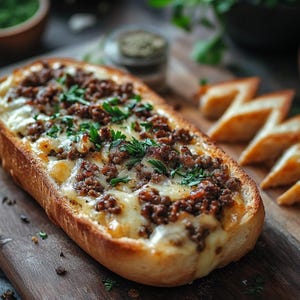 May include: A rectangular bread loaf topped with melted cheese, ground meat, and fresh green herbs. The dish sits on a wooden cutting board with toasted bread slices. The food is a savory meal.