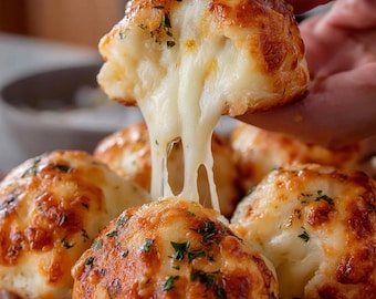 May include: Close-up of baked, golden-brown cheese bread rolls with melted cheese stretching between them. The rolls are sprinkled with green herbs and sit on a wooden cutting board. A hand holds one roll, showcasing the cheese pull.