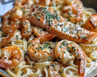 EASY RECIPE For Creamy Garlic Butter Shrimp & Salmon Pasta – Digital Recipe PDF
