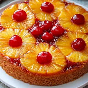 Può includere: Una torta rovesciata all'ananas con una crosta dorata, ricoperta di fette di ananas caramellate e ciliegie rosse.