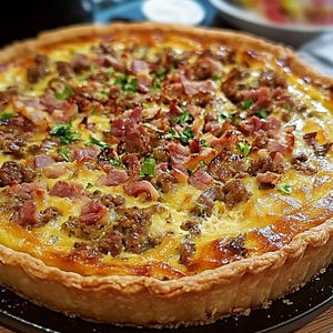 May include: A golden brown quiche with a flaky crust filled with savoury sausage, bacon, and cheese. The quiche is topped with fresh parsley.