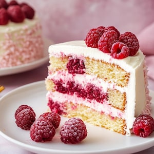 May include: A white cake with raspberry filling and frosting, topped with fresh raspberries. The cake is on a white plate with additional raspberries on the side.
