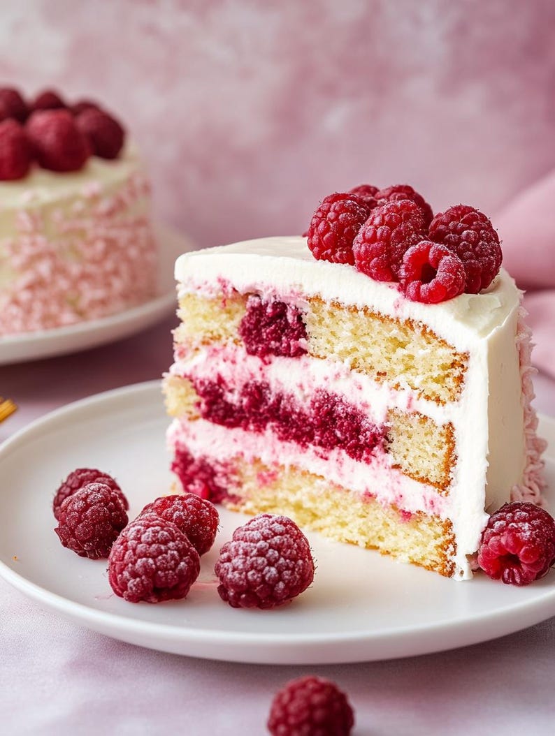 May include: A white cake with raspberry filling and frosting, topped with fresh raspberries. The cake is on a white plate with additional raspberries on the side.
