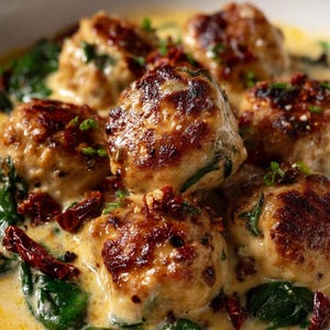 K&ouml;nnte beinhalten: Nahaufnahme einer wei&szlig;en Sch&uuml;ssel mit Fleischb&auml;llchen in cremiger Sauce. Die Fleischb&auml;llchen sind gebr&auml;unt und mit Kr&auml;utern und sonnengetrockneten Tomaten garniert. Spinatbl&auml;tter sind in der Sauce zu sehen.