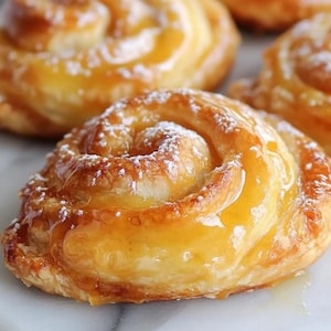 Puede incluir: Primer plano de un pastel de color marrón dorado con un diseño en espiral y un glaseado brillante. El pastel está espolvoreado con azúcar en polvo.