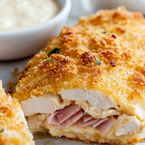 May include: A close-up shot of a breaded chicken breast, sliced to show ham and cheese filling. The chicken has a golden, crispy coating. A small white bowl of creamy sauce is in the background.