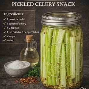 May include: A jar of pickled celery with the text "PICKLED CELERY SNACK" at the top. The ingredients are listed: celery, salt, red pepper flakes, vinegar, and water. A small bottle of oil, a bowl of salt, and red pepper flakes are also visible.