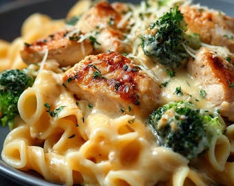 May include: A close-up shot of a plate of creamy pasta with chicken and broccoli. The pasta is a spiral shape, coated in a rich, cheesy sauce. Grilled chicken pieces and broccoli florets are scattered throughout, topped with grated cheese and herbs.