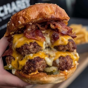 Puede incluir: Una hamburguesa de doble piso con queso derretido, tocino crujiente y pepinillos, entre un pan tostado. Una comida abundante y sabrosa.
