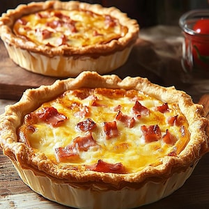 Op de afbeelding: Twee goudbruine korstquiches met een vulling van kaas en ham. De quiches staan op een houten oppervlak.