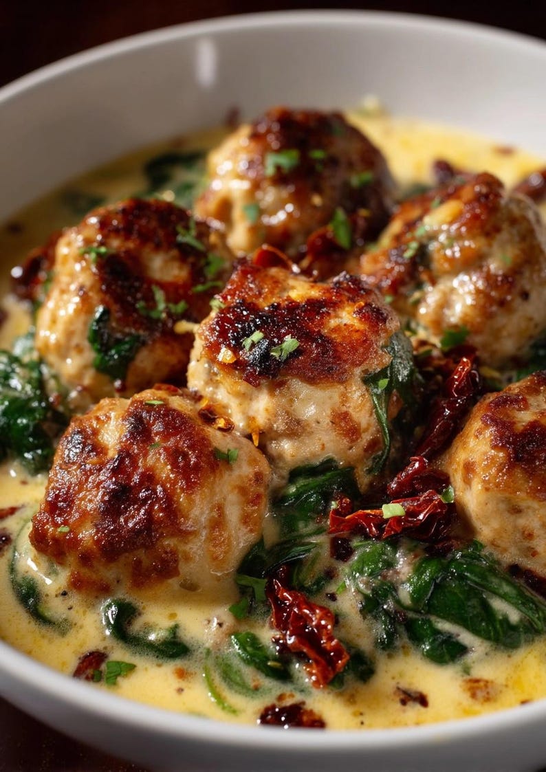 K&ouml;nnte beinhalten: Nahaufnahme einer Sch&uuml;ssel mit Fleischb&auml;llchen in cremiger Sauce. Die Fleischb&auml;llchen sind goldbraun und liegen auf einem Bett aus Spinat und sonnengetrockneten Tomaten. Die Sauce hat eine hellgelbe Farbe.
