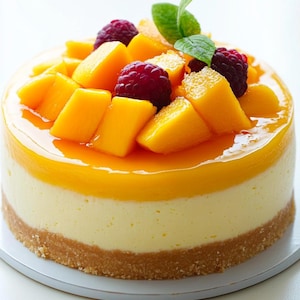 Puede incluir: Un pastel de queso de mango amarillo cubierto con rodajas de mango fresco y frambuesas. El pastel de queso está en un plato blanco.