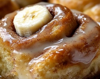 Peut inclure: Gros plan sur un pain au chocolat garni d'une tranche de banane et d'un glaçage blanc. Le pain au chocolat est sur une assiette blanche avec un glaçage brun nappé autour.