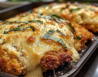 Può includere: Due cotolette di pollo impanate e fritte, ricoperte di formaggio fuso e foglie di basilico fresco, su una teglia da forno nera.