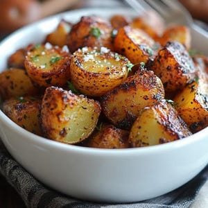 May include: A white bowl filled with crispy, golden brown roasted potatoes. The potatoes are seasoned with herbs and spices, and some have a light dusting of salt.