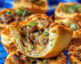 May include: Close-up of a stack of savory mini-pizza cups with a golden brown crust, filled with ground beef, cheese, and green onions.