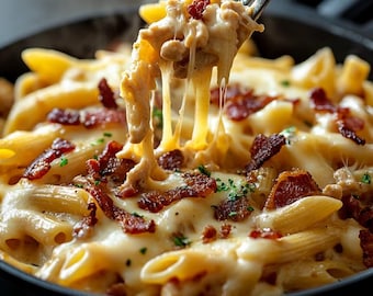 May include: A close-up of a skillet filled with cheesy pasta, topped with bacon and a fork lifting a stringy bite of the dish.