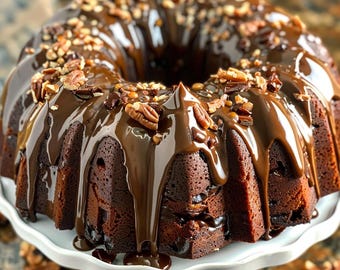 Puede incluir: Un pastel bundt de chocolate cubierto con un rico glaseado de chocolate y trozos de nuez pecana. El pastel está en un soporte para pastel blanco.
