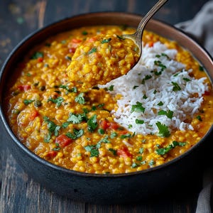 May include: A bowl of yellow lentil curry with white rice and fresh cilantro. A spoonful of the curry is lifted from the bowl. The dish is served in a black bowl with a copper rim, on a dark wooden surface.