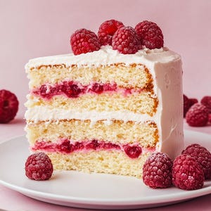 Puede incluir: Una porción de pastel blanco con relleno y glaseado de frambuesa, cubierto con frambuesas frescas. El pastel está en un plato blanco con más frambuesas alrededor.