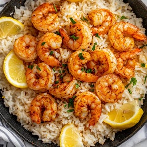 May include: A plate of seasoned prawns served on white rice, garnished with lemon wedges and chopped parsley. The prawns are a vibrant orange colour, and the rice is fluffy.