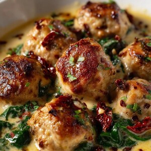 K&ouml;nnte beinhalten: Nahaufnahme einer wei&szlig;en Sch&uuml;ssel mit Fleischb&auml;llchen in cremiger Sauce. Die Fleischb&auml;llchen sind goldbraun, die Sauce enth&auml;lt Spinat und sonnengetrocknete Tomaten. Das Gericht ist mit frischen Kr&auml;utern garniert.