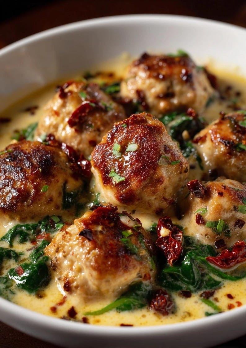 K&ouml;nnte beinhalten: Nahaufnahme einer wei&szlig;en Sch&uuml;ssel mit Fleischb&auml;llchen in cremiger Sauce. Die Fleischb&auml;llchen sind goldbraun, die Sauce enth&auml;lt Spinat und sonnengetrocknete Tomaten. Das Gericht ist mit frischen Kr&auml;utern garniert.