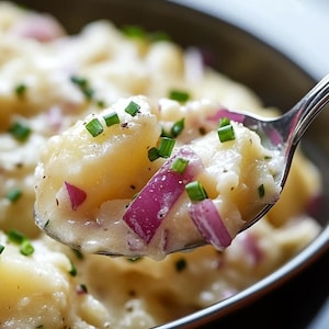 Puede incluir: Primer plano de una cucharada de ensalada de patatas alemana con cebolla roja, cebollino y una salsa cremosa.