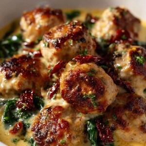 K&ouml;nnte beinhalten: Nahaufnahme einer Sch&uuml;ssel mit Fleischb&auml;llchen in cremiger Sauce. Die Fleischb&auml;llchen sind gebr&auml;unt und mit getrockneten Tomaten und Kr&auml;utern belegt. Die Sauce ist hellgelb, mit gr&uuml;nen Spinatbl&auml;ttern.