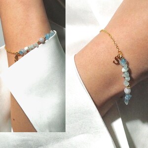 Pulsera personalizada con letra de aguamarina y jade blanco: regalo de boda de verano para ella, pulsera con inicial de piedra preciosa en bruto, joyería minimalista de oro.