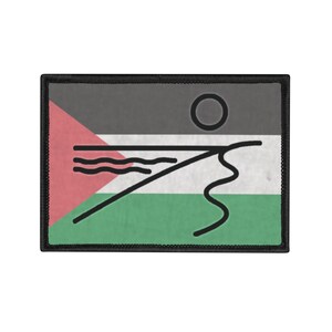 May include: Rectangular patch with a black border, featuring a stylized design. The patch uses red, white, green, and grey. A black line drawing shows a sun, waves, and a shoreline. This patch is likely an emblem or decorative item.