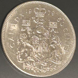 Vintage Canadian collectible 50 Cent Coins, VG-EX condition (1979,1982,1983x2,1996). FIVE coin package for one low price, ready to ship!