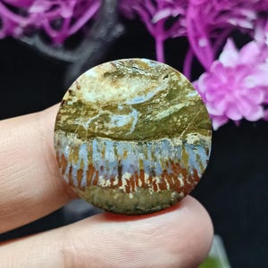 Puede incluir: Una piedra pulida de forma circular, con patrones naturales en tonos beige, verde, azul y marrón. La superficie de la piedra presenta texturas intrincadas. Se sostiene en una mano, con un fondo borroso de flores moradas.