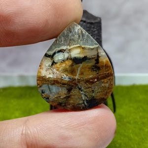 Puede incluir: Una gema en forma de lágrima con un patrón único de colores marrón, beige, negro y gris. La piedra pulida se sostiene entre los dedos, mostrando sus variaciones naturales. Ideal para joyería o coleccionismo.