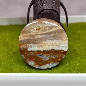 Puede incluir: Una gema redonda y pulida con un patrón en capas de tonos marrones, beige, blancos y rojos. La piedra tiene una superficie lisa y brillante y un aspecto natural y terroso. La gema se encuentra sobre un fondo verde.