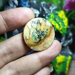 Pode incluir: Um cabochão de pedra preciosa circular e polido, apresentando uma base de cor creme quente com intrincadas inclusões dendríticas pretas em forma de samambaia que se espalham pela superfície. A pedra tem uma borda lisa e arredondada.