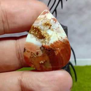 Puede incluir: Una gema pulida en forma de lágrima. La piedra presenta una mezcla de colores, incluyendo blanco, dorado y tonos de marrón y rojo. La gema se sostiene en una mano, mostrando su tamaño y forma.