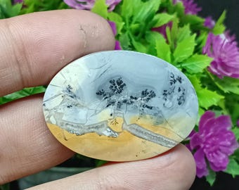 May include: An oval-shaped gemstone with a unique pattern. The stone features a light blue and tan base with black dendritic inclusions resembling trees. The stone is held between fingers.