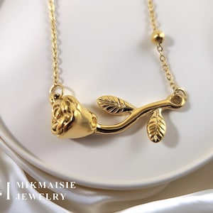 18K Gold Necklace with Horizontal Rose Pendant – Birthday Gift, Gift for Daughter, Gift for Mom, Layering Necklace, Gift for Her