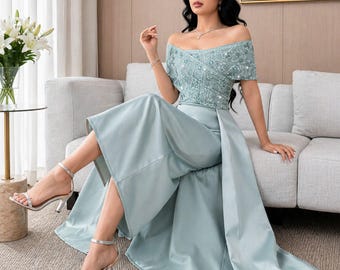 Off Shoulder A-Line Formal Gown – Cinched Waist Evening Dress, Wedding Guest Banquet Wear
