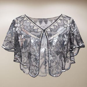 1920s Beaded Capelet – Sheer Sequin Fringe Festival Shawl Wrap, Flapper Party Shrug